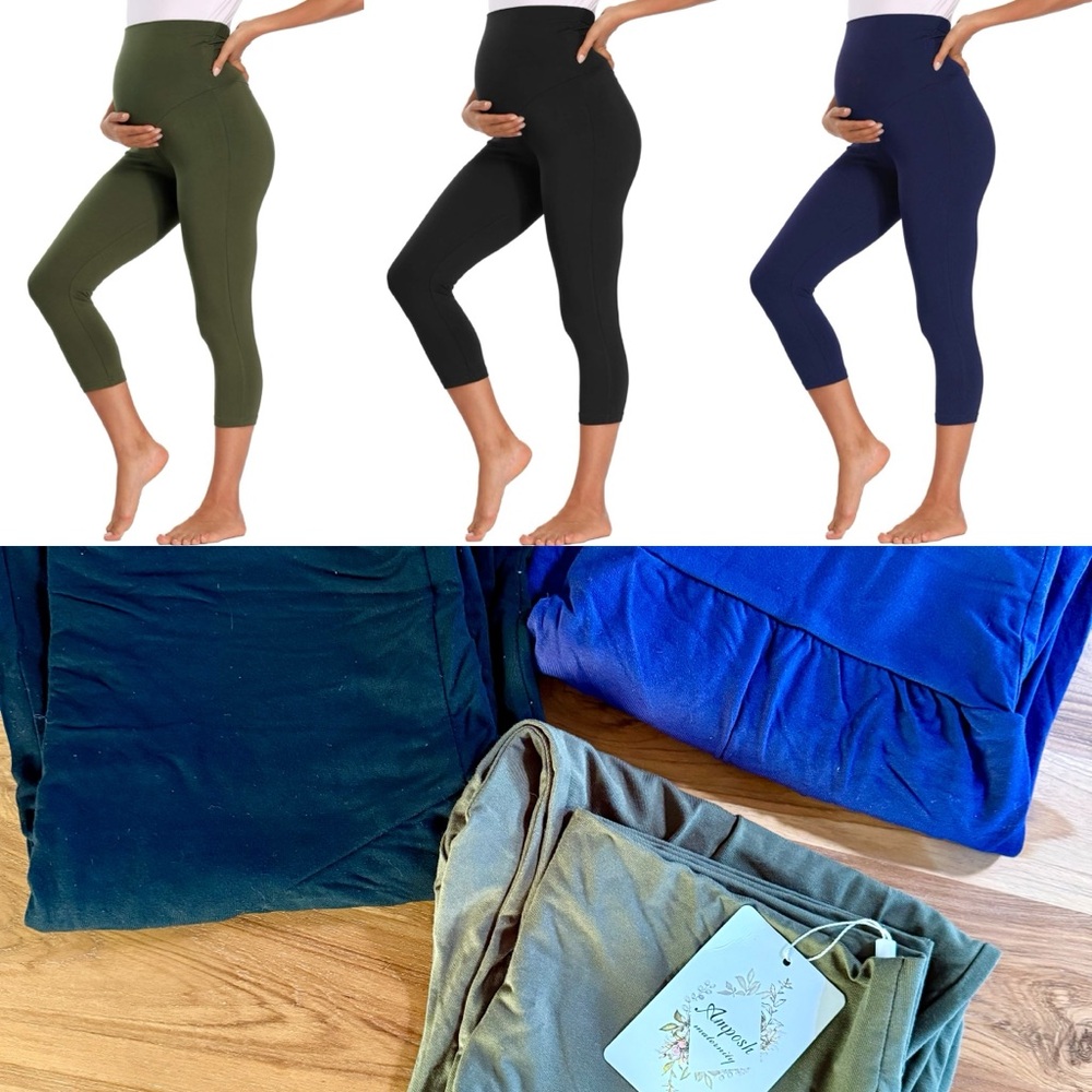 Set of 3 Maternity Capri Leggings - Super Soft! Black, Olive Green, Navy Blue, L